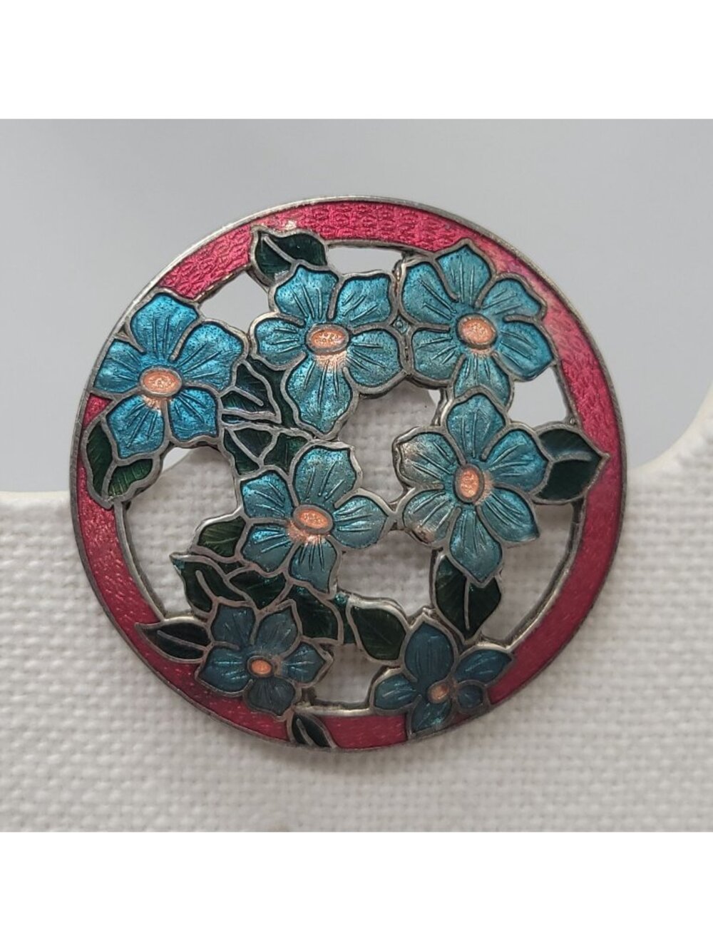 Vtg Cloisonné Enamel Floral Round Brooch Pin Blue Flowers Open Work Red Border
